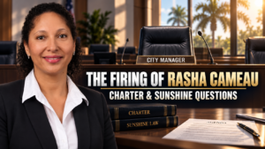 Rasha Cameau beside an empty city manager’s chair in an editorial graphic about her firing and the related Charter and Sunshine questions.