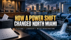 Editorial graphic illustrating North Miami government, an election ballot and water infrastructure.