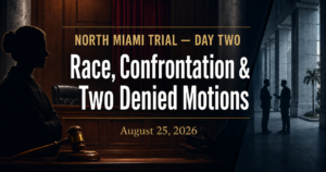 Day Two of the North Miami Sunshine Charter trial, highlighting racial questioning, a courthouse confrontation and two denied defense motions