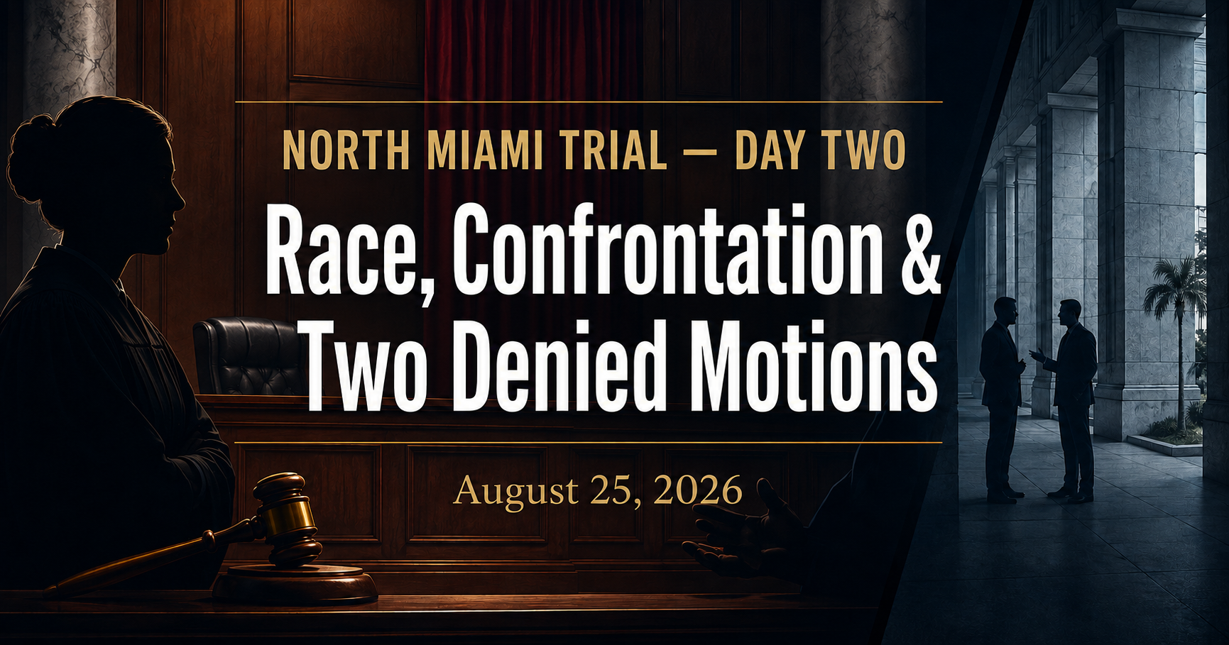 Day Two of the North Miami Sunshine Charter trial, highlighting racial questioning, a courthouse confrontation and two denied defense motions