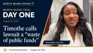 Kassandra Timothe speaking outside court on August 24, 2026, beside text quoting her description of the lawsuit as a “waste of public funds.”