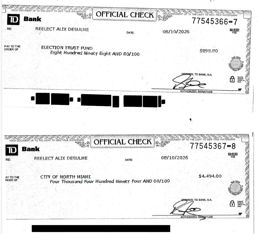 Two TD Bank official checks submitted by North Miami Mayor Alix Desulme for the 2026 election: $898.80 election assessment and $4,494 qualifying fee.