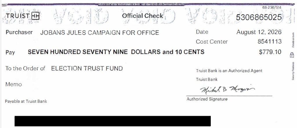 Truist Bank-issued check for $779.10 submitted by Jobans Jules for North Miami’s 2026 District 3 election assessment.