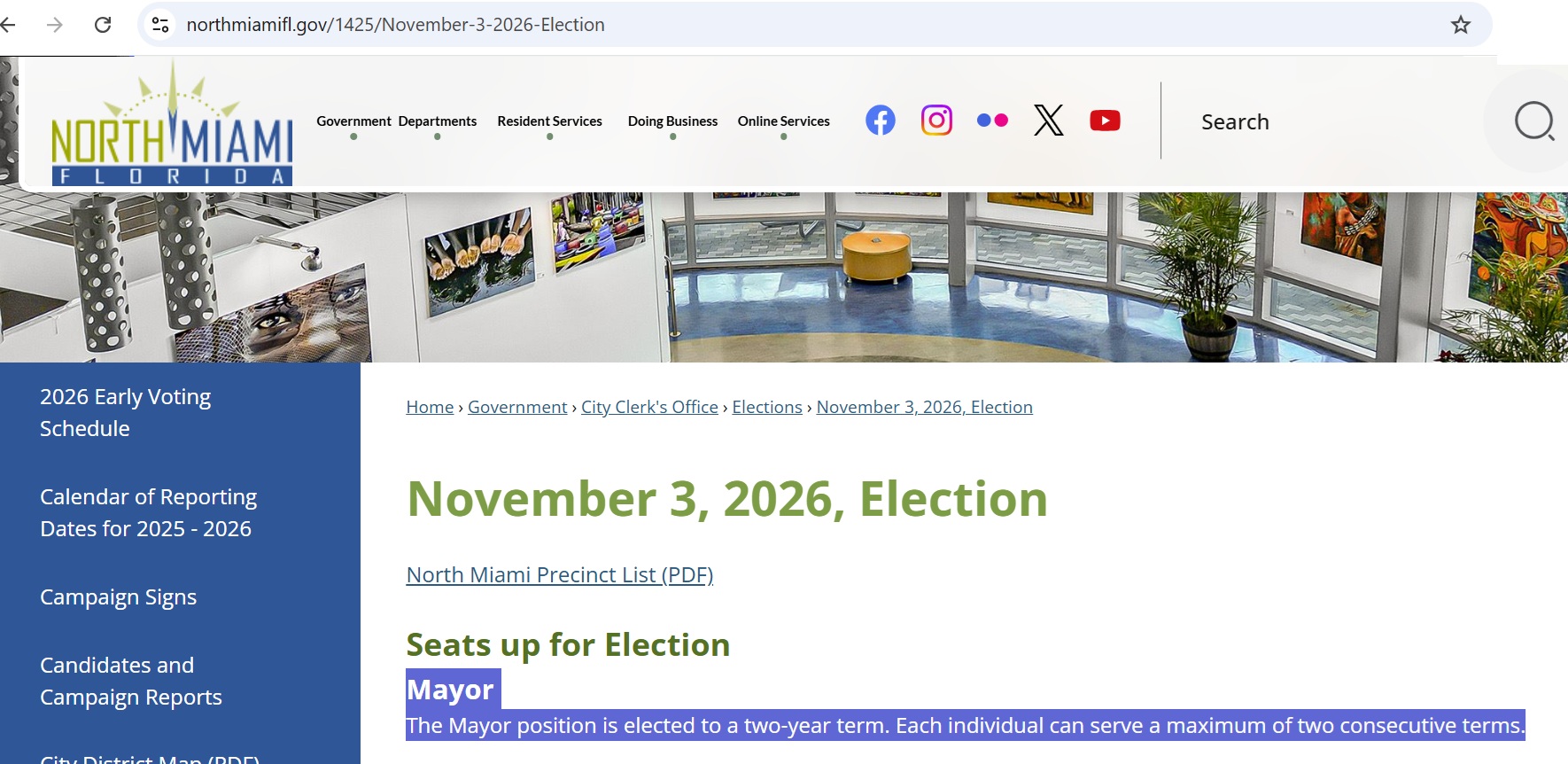 City of North Miami November 3, 2026 election webpage stating that the mayor serves a two-year term and may serve a maximum of two consecutive terms.