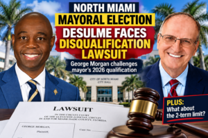 North Miami mayoral election graphic showing Alix Desulme and George Morgan with a court filing representing Morgan’s 2026 election qualification lawsuit.