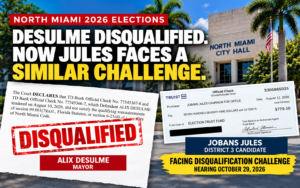 North Miami 2026 election graphic showing Mayor Alix Desulme's disqualification and District 3 candidate Jobans Jules's pending cashier's-check challenge.