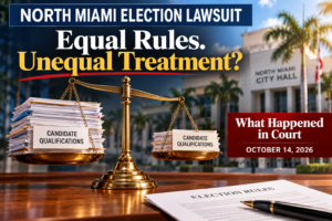 Editorial illustration of unbalanced scales of justice holding candidate qualification documents, with North Miami City Hall in the background, highlighting questions about equal treatment in the October 14, 2026 election lawsuit hearing.