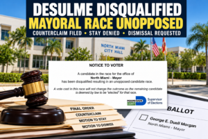 North Miami mayoral election graphic showing Desulme's disqualification, the unopposed race notice, a judge's gavel, and court filings involving George Morgan.