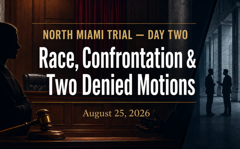 Day Two of the North Miami Sunshine Charter trial, highlighting racial questioning, a courthouse confrontation and two denied defense motions