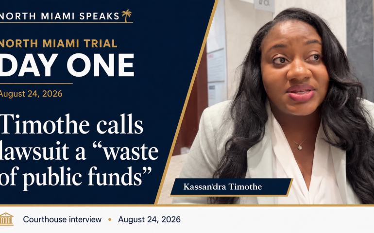 Kassandra Timothe speaking outside court on August 24, 2026, beside text quoting her description of the lawsuit as a “waste of public funds.”