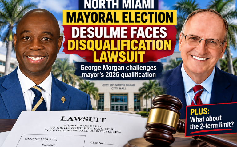 North Miami mayoral election graphic showing Alix Desulme and George Morgan with a court filing representing Morgan’s 2026 election qualification lawsuit.