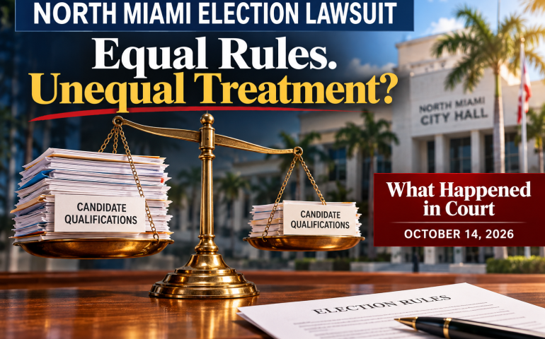 Editorial illustration of unbalanced scales of justice holding candidate qualification documents, with North Miami City Hall in the background, highlighting questions about equal treatment in the October 14, 2026 election lawsuit hearing.
