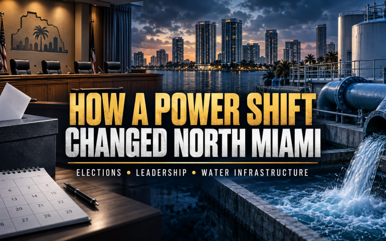Editorial graphic illustrating North Miami government, an election ballot and water infrastructure.